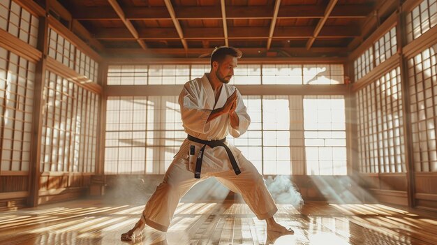 Foto ein kampfkunstunterricht in einer dojo-halle, wo man karate übt