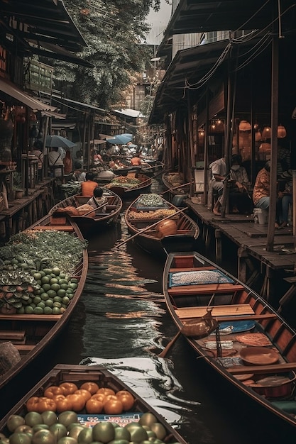 Ein Kanal in Bangkok mit Booten und einem Obstmarkt.