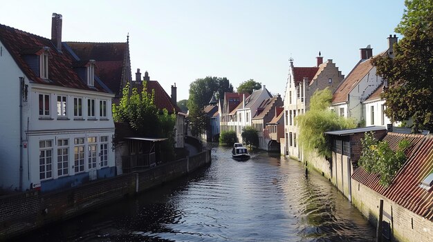 Foto ein kanal in brugge (belgien) mit einem vorbeifahrenden boot die gebäude entlang des kanals sind meistens alt mit ziegelsteinfassaden und giebeldächern