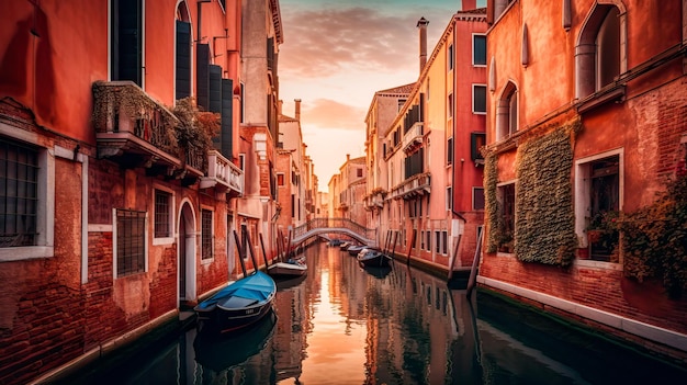 Ein Kanal in Venedig mit einem Boot im Vordergrund und einem Sonnenuntergang im Hintergrund.