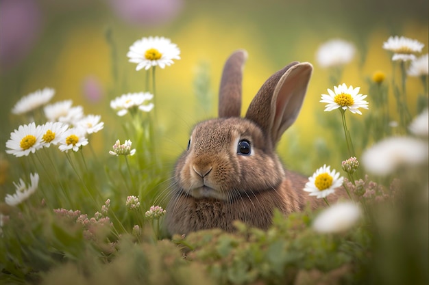 Foto ein kaninchen auf einer wiese mit wildblumen