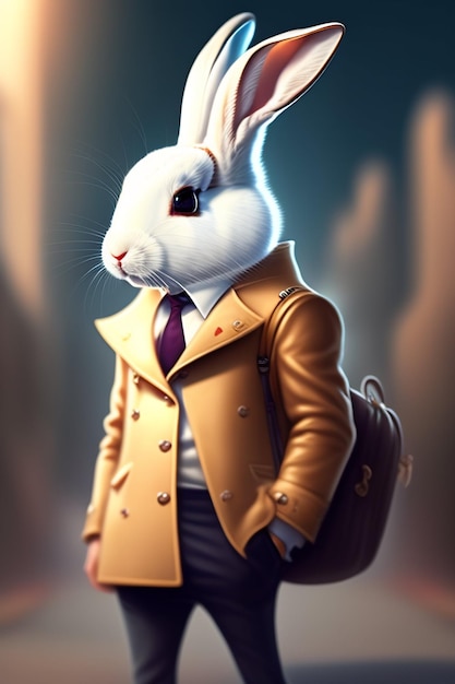 Ein Kaninchen, das eine Jacke und eine Jacke trägt