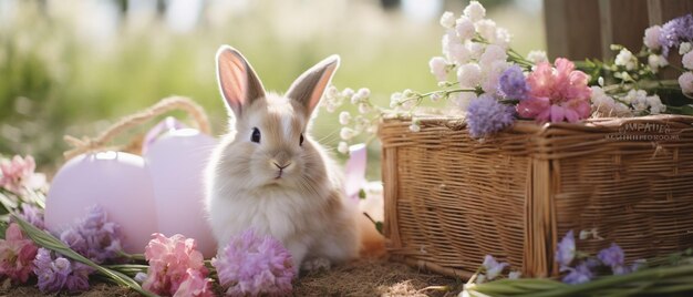 ein Kaninchen, das eine Schleife trägt, sitzt auf einem Tisch mit Blumen