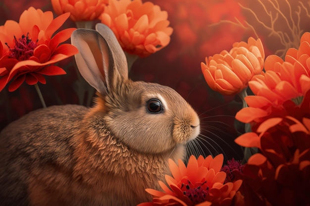 Ein Kaninchen, das in einem Blumenfeld sitzt, generative KI