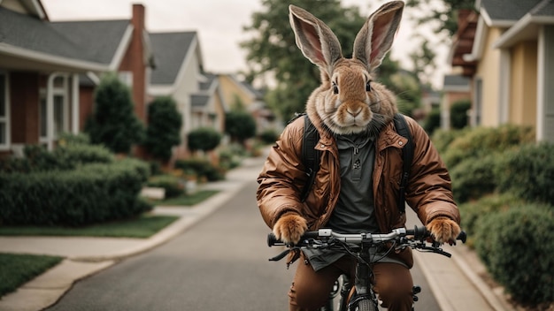 Ein Kaninchen fährt mit dem Fahrrad durch eine Vorstadt
