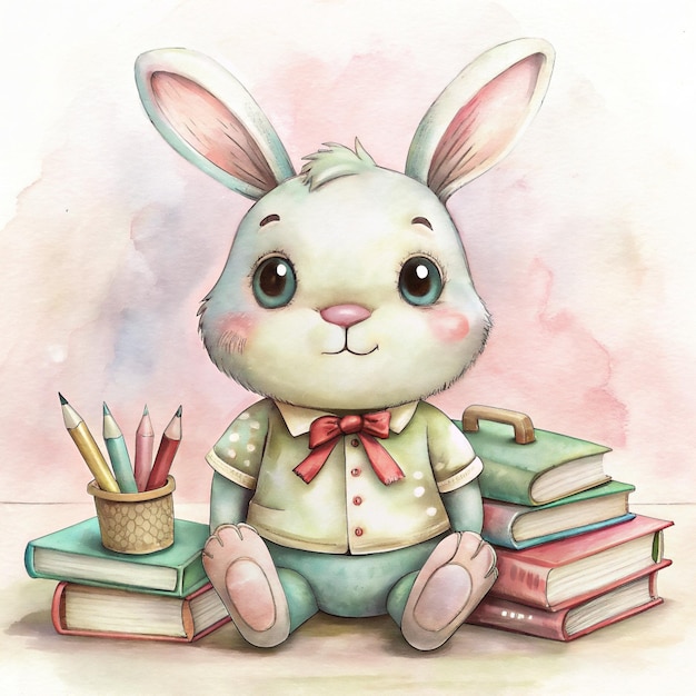 Ein Kaninchen, gekleidet in ein Polkadot-Hemd und eine rote Fliege, sitzt auf einem Haufen farbenfroher Bücher