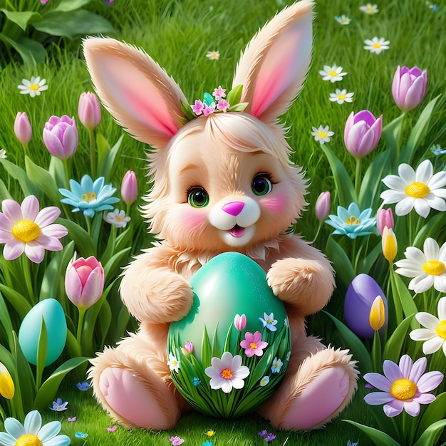ein Kaninchen hält ein Ei mit Ostereiern im Gras