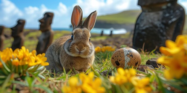 Foto ein kaninchen hält ein ostereier auf der osterseite rapa nui vor dem hintergrund von moai-statuen