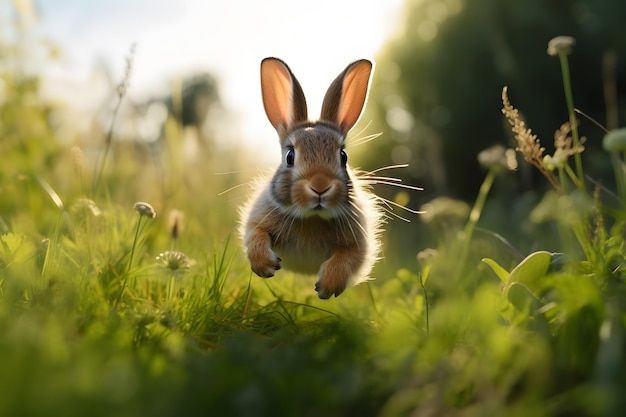 Ein Kaninchen hüpft im Gras