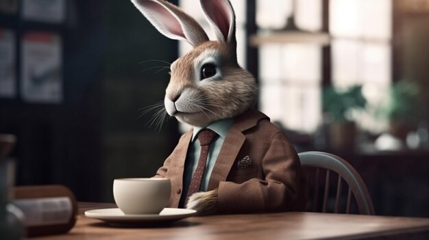 Ein Kaninchen im Anzug sitzt an einem Tisch mit einer Tasse Kaffee