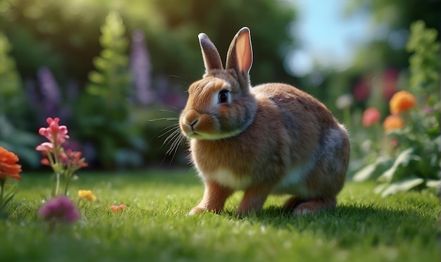 Ein Kaninchen im Garten zwischen Blumen und grünen Sträuchern