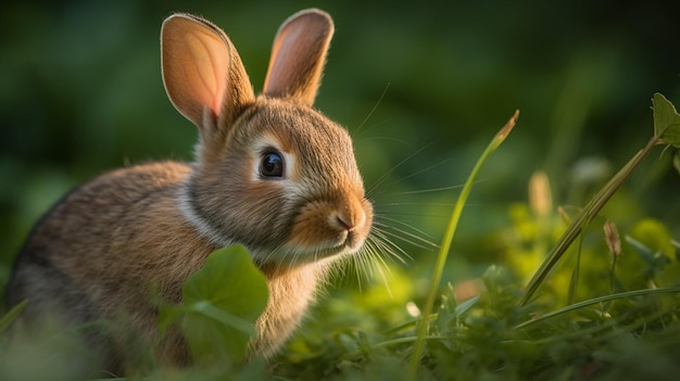 Ein Kaninchen im Gras, auf das die Sonne scheint