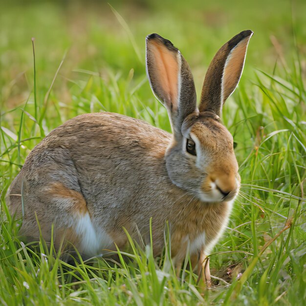 ein Kaninchen im Gras mit einem weißen Fleck auf dem Gesicht