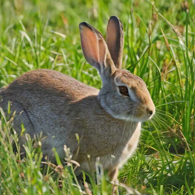 ein Kaninchen in einem Feld mit großem Gras mit dem Namen darauf