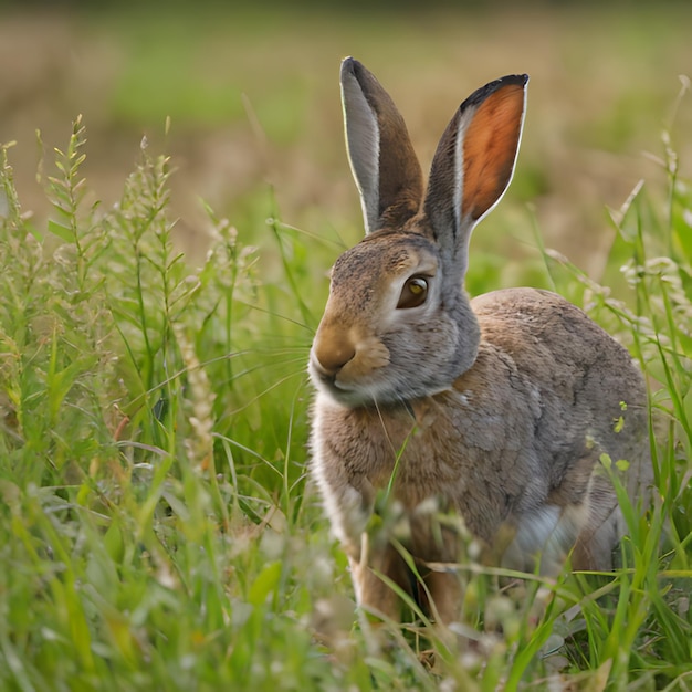 ein Kaninchen in einem Feld mit großem Gras mit einem braunen und weißen Gesicht