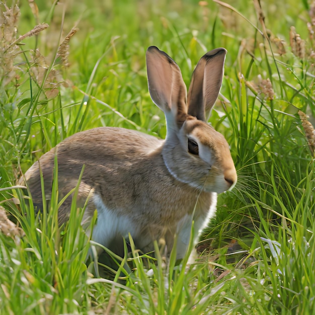 ein Kaninchen in einem Feld mit hohem Gras, einem weißen Körper und einer braunen Nase