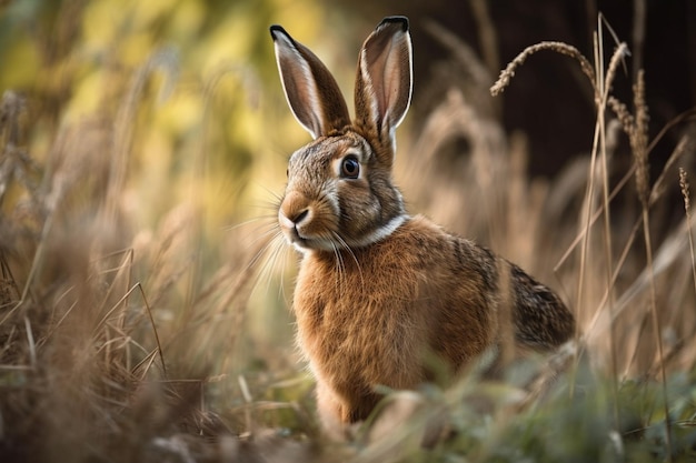 Ein Kaninchen in einem Feld mit hohem Gras