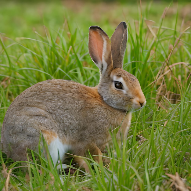 ein Kaninchen in einem Grasfeld mit einem weißen Fleck auf dem Rücken