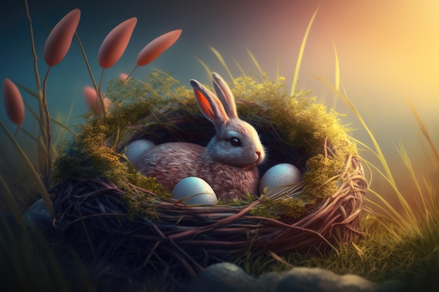 Ein Kaninchen in einem Nest mit Eiern