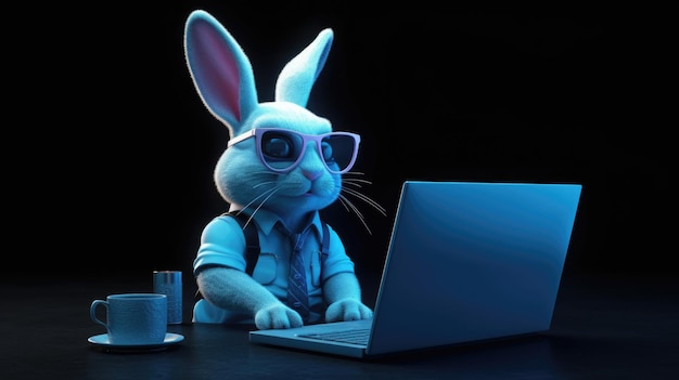 Ein Kaninchen in Hemd und Krawatte arbeitet an einem Laptop.