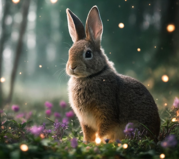 Ein Kaninchen ist auf einem Feld mit Lichtern und einem Wald im Hintergrund.