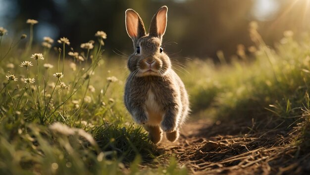 ein Kaninchen läuft im Gras mit der Sonne dahinter Osternfest