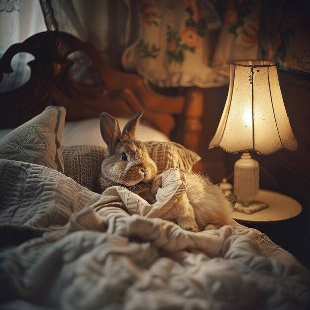 Foto ein kaninchen liegt in einem bett mit einer lampe darauf