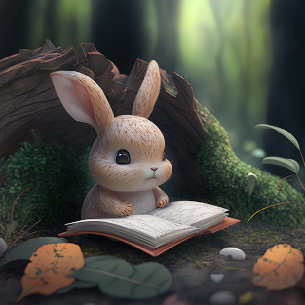 Ein Kaninchen liest ein Buch in einem Wald.