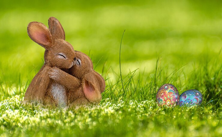 Foto ein kaninchen mit einem bemalten ei im gras