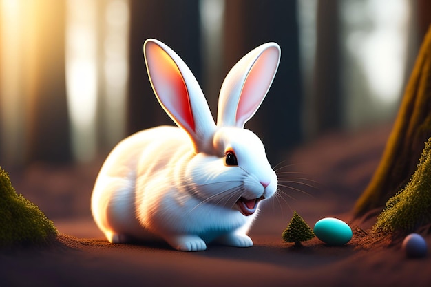 Ein Kaninchen mit einem bemalten Ei sitzt auf einer Decke neben einem Baum mit einem blauen Ei.