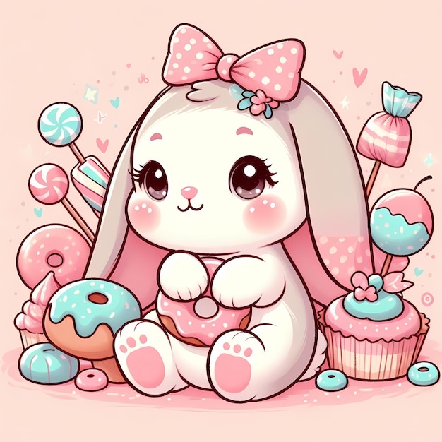 ein Kaninchen mit einem Bogen am Hals sitzt vor einem Cupcake
