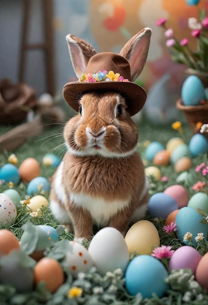 ein Kaninchen mit einem Hut mit Blumen sitzt in einem Feld von Eiern