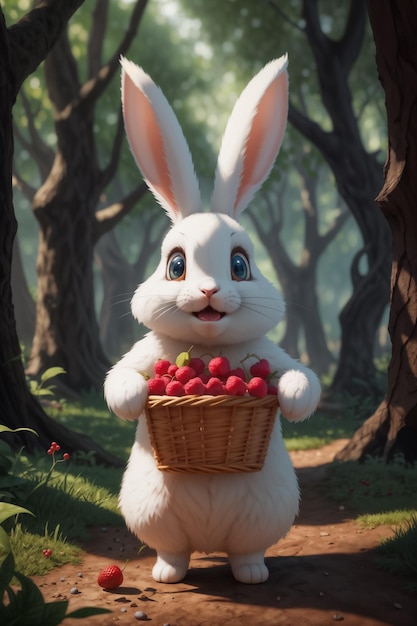 Ein Kaninchen mit einem Korb voller Erdbeeren
