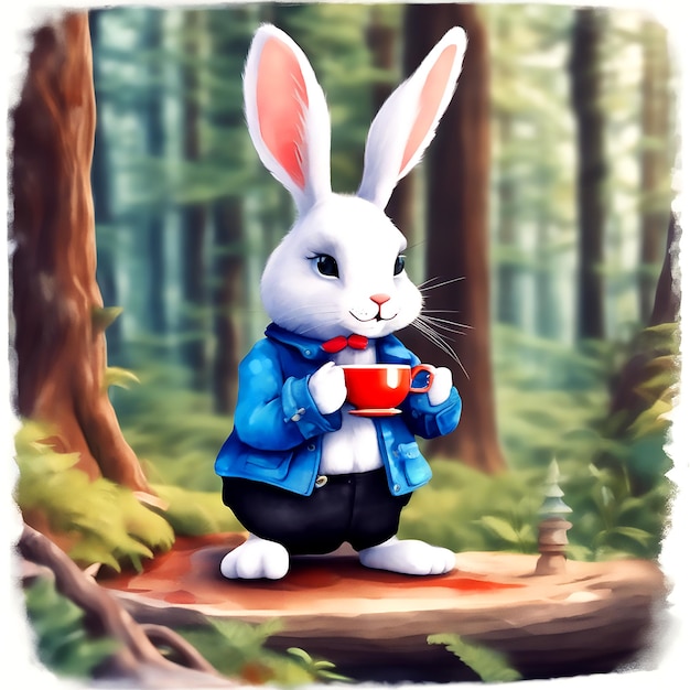 Ein Kaninchen mit einem langen und dünnen Körper, der eine Teetasse in der Hand hält. Der Hintergrund ist der Wald