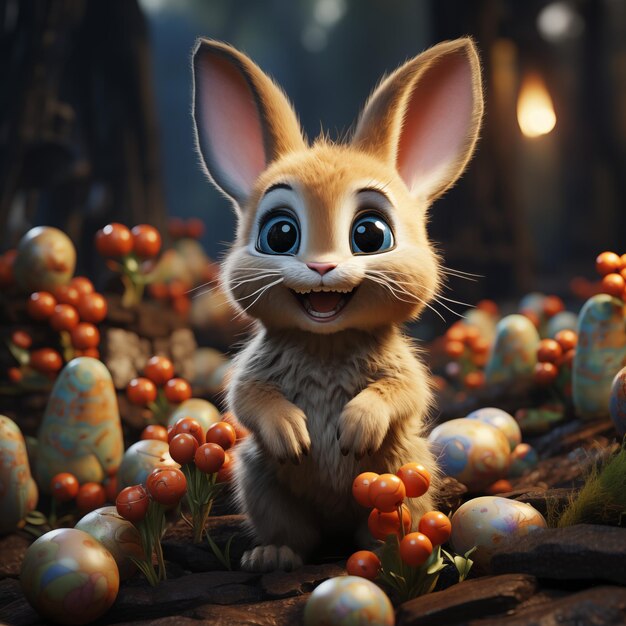 ein Kaninchen mit einer großen Nase sitzt vor einigen Eiern