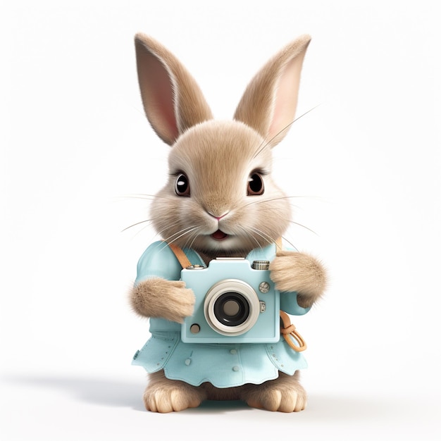 Foto ein kaninchen mit einer kamera auf weißem hintergrund