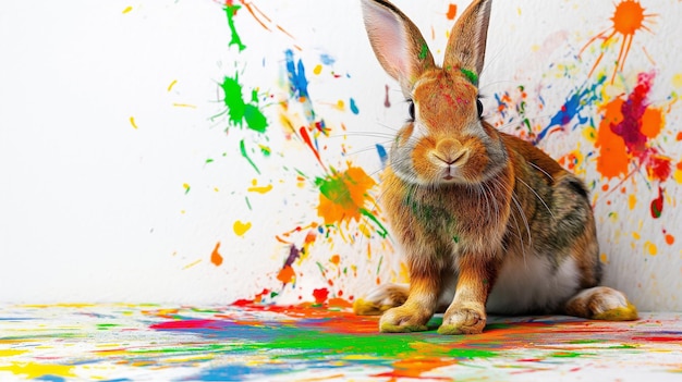 ein Kaninchen mit Farbe auf dem Gesicht sitzt vor einem weißen Hintergrund