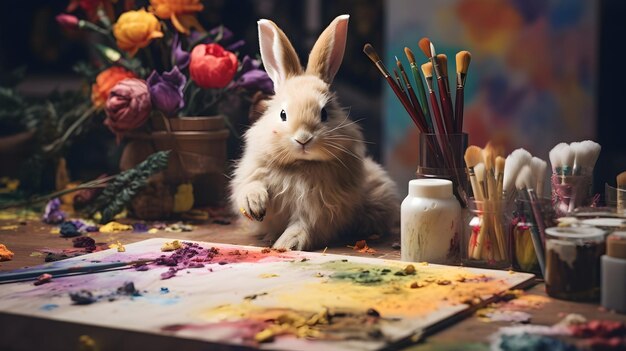 Foto ein kaninchen mit künstlerischen werkzeugen, das mit seinen bezaubernden pfotenstreichen ein meisterwerk herstellt