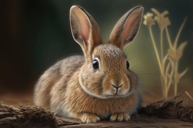 Ein Kaninchen sitzt auf einem Baumstamm im Wald.