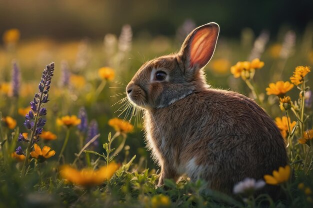 Ein Kaninchen sitzt auf einem Feld mit Wildblumen und kühlt sich im warmen Sonnenlicht