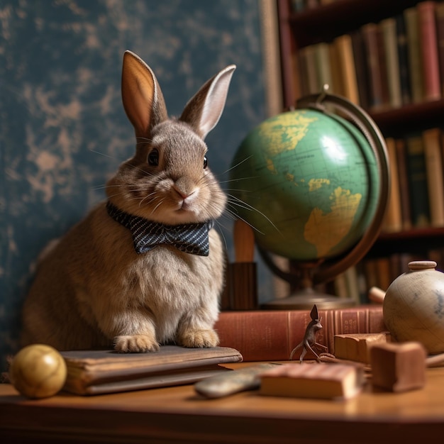 Ein Kaninchen sitzt auf einem Schreibtisch vor einem Globus und einem Buch.