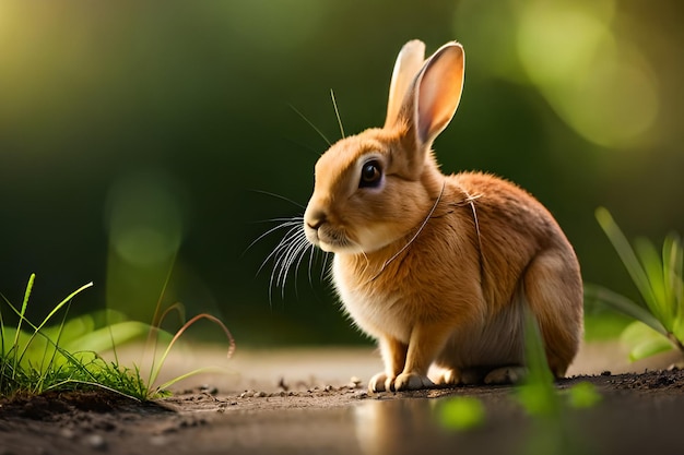 Ein Kaninchen sitzt auf nassem Boden im Sonnenlicht.