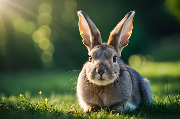 Ein Kaninchen sitzt im Gras vor einem verschwommenen Hintergrund.