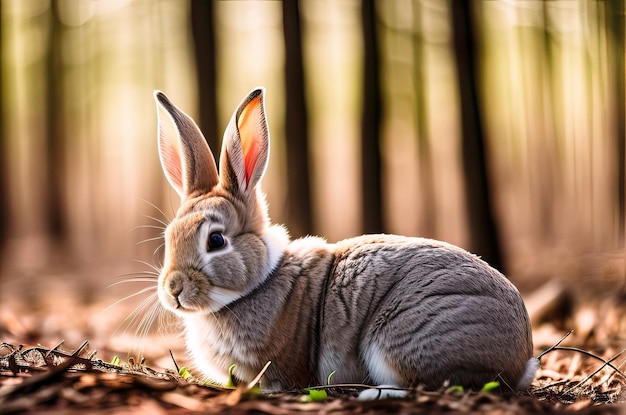 Ein Kaninchen sitzt im Gras vor einem Waldhintergrund.