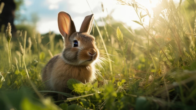 Ein Kaninchen sitzt im hohen Gras