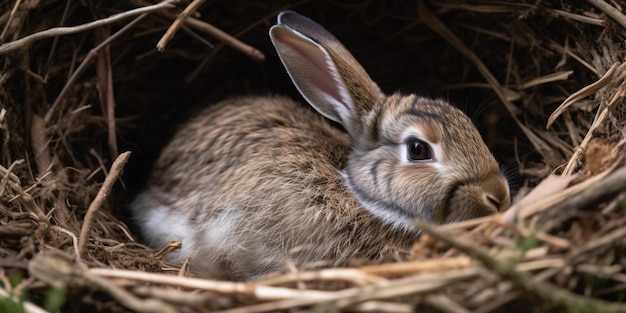 Ein Kaninchen sitzt mit erhobenem Kopf in einem Nest.