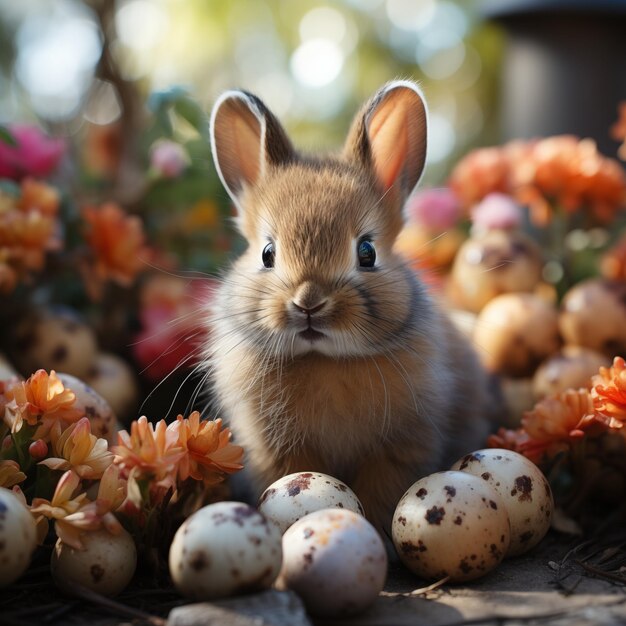 ein Kaninchen sitzt vor einigen Eiern und die Eier sind orange