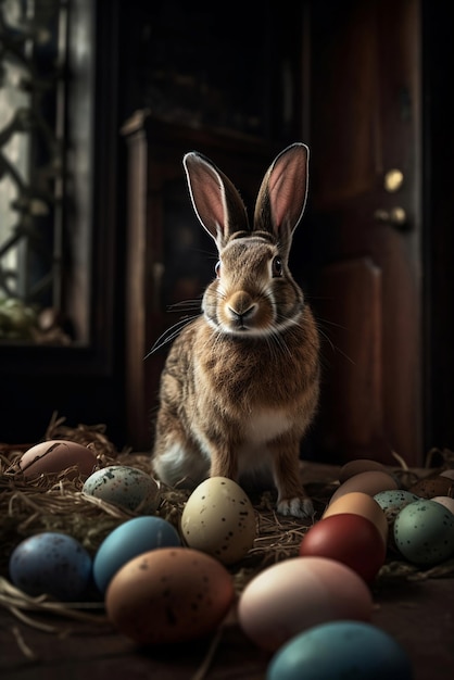 Ein Kaninchen sitzt zwischen Ostereiern in einem Nest