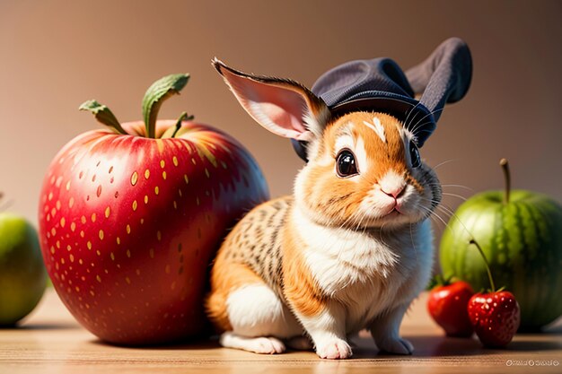 Ein Kaninchen sitzt zwischen Wassermelone, Apfel und Erdbeere und genießt köstliches Essen