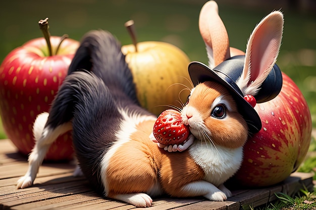 Foto ein kaninchen sitzt zwischen wassermelone, apfel und erdbeere und genießt leckeres essen